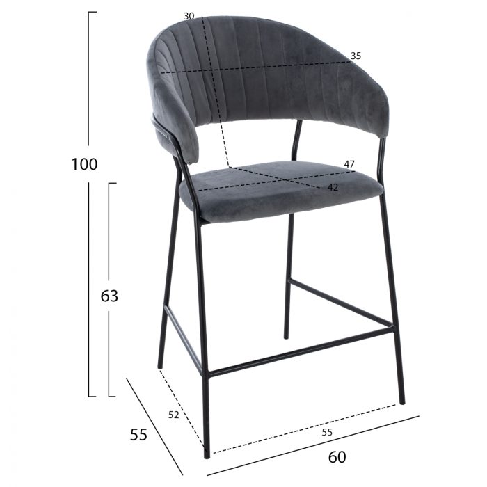 MEDIUM HEIGHT STOOL FB98734.01 GRAY VELVET WITH BLACK FRAME 60x55x100Y cm. - Image 2