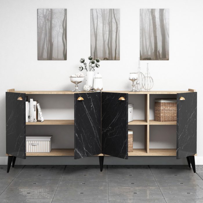 ΜΠΟΥΦΕΣ ΜΕΛΑΜΙΝΗΣ FB99045.01 NATURAL WOOD - ΜΑΥΡΟ ΜΑΡΜΑΡΟ 180x41x77,8Y εκ. - Image 3