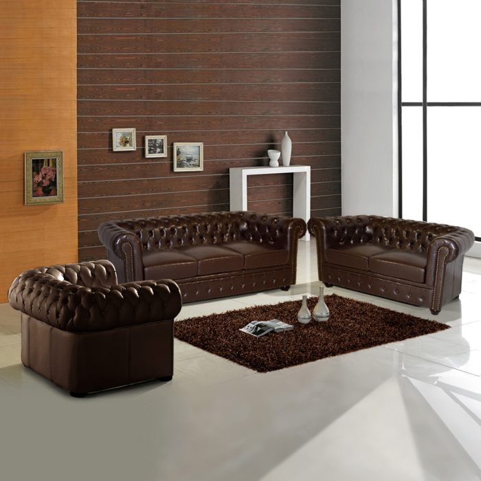 ΣΕΤ ΣΑΛΟΝΙ 2ΘΕΣΙΟ & 3ΘΕΣΙΟ & ΠΟΛΥΘΡΟΝΑ CHESTERFIELD ΣΚΟΥΡΟ ΚΑΦΕ - Image 1