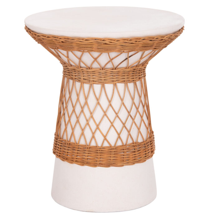 ΒΟΗΘΗΤΙΚΟ ΤΡΑΠΕΖΙ ΣΤΡΟΓΓΥΛΟ FB918167.02 FIBER CEMENT ΛΕΥΚΟ & RATTAN Φ40x45Υεκ - Image 1