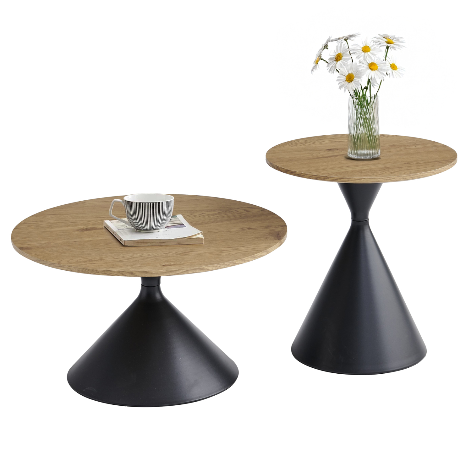 set-2-trapezia-salonioy-fb91830802-metal ΣΕΤ 2 ΤΡΑΠΕΖΙΑ ΣΑΛΟΝΙΟΥ FB918308.02 ΜΕΤΑΛΛΟ ΜΑΥΡΟ--MDF ΣΕ ΦΥΣΙΚΟ Φ50εκ & Φ70εκ - Image 1